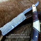 Antique Straight Razor with Damascus Steel Blade and Bone, Rosewood, and Brass Bolsters Handle - Includes Leather Case - Available Exclusively at KBS Knives Store