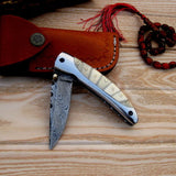 Everyday Carry Damascus Steel Pocket Knife - Bone and Steel Elegance