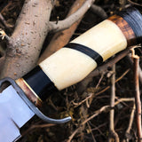 Top Quality Hunting Bowie Knife | D2 Steel Blade | Bone, Buffalo, Wood Handle with Damascus Guard | 13 Inches | Leather Sheath | KBS Knives Store