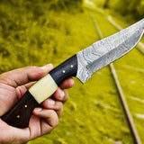 The Wilderness Elite: 10.5-Inch Hunting Knife with Full Tang Damascus Steel Blade, Bone and Wenge Wood Handle