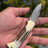 Custom Handmade Damascus Steel Folding Pocket Knife with Antler Horn and Brass Bolsters Handle and Leather Case - For Sale by KBS Knives Store