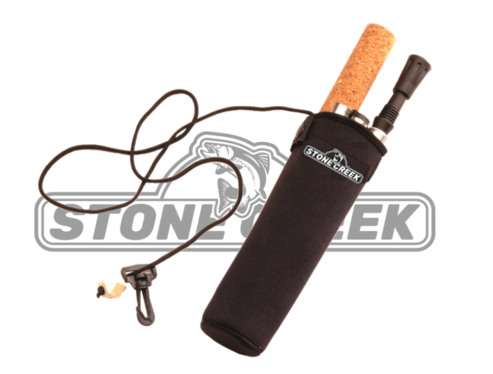 Stone Creek wading staff with cork grip and black carry sheath with clip