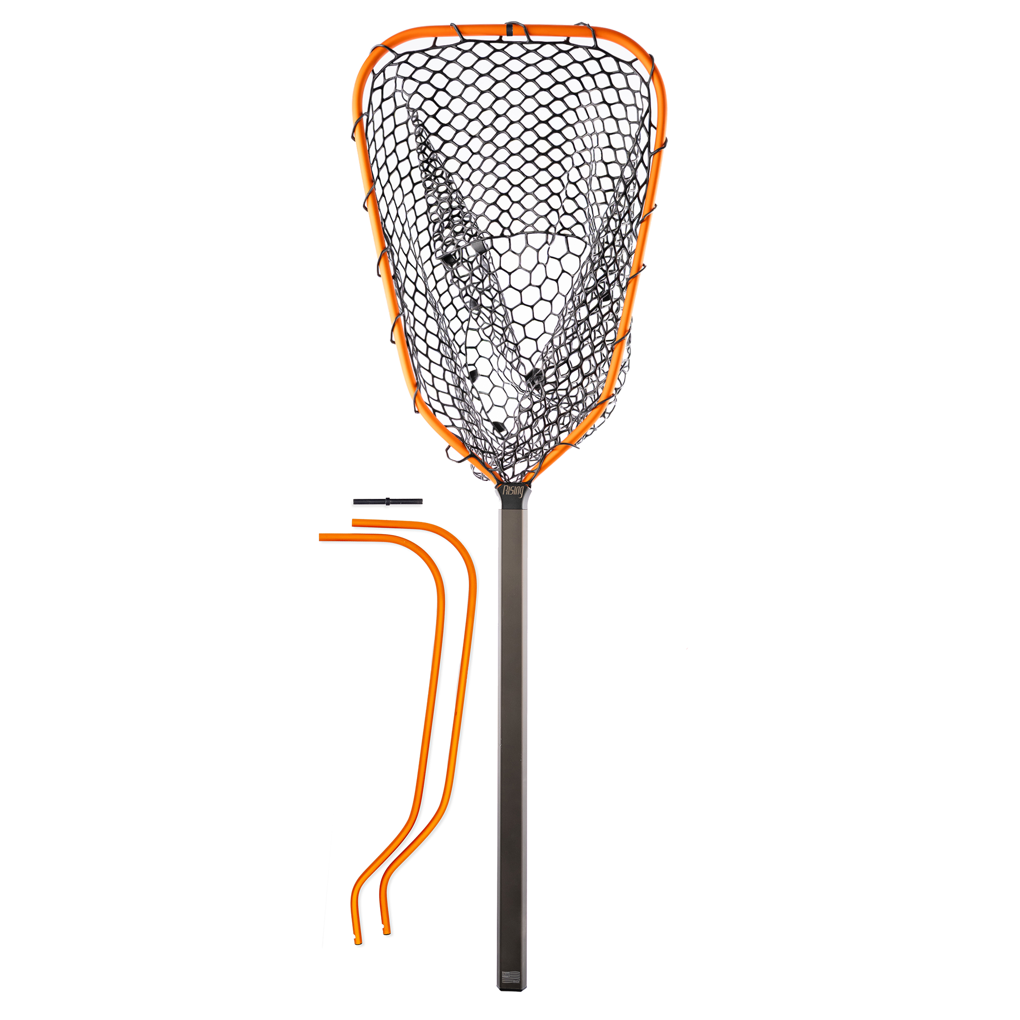Rising Travel Net with orange two-piece aluminum hoop, white rubber mesh bag and long handle