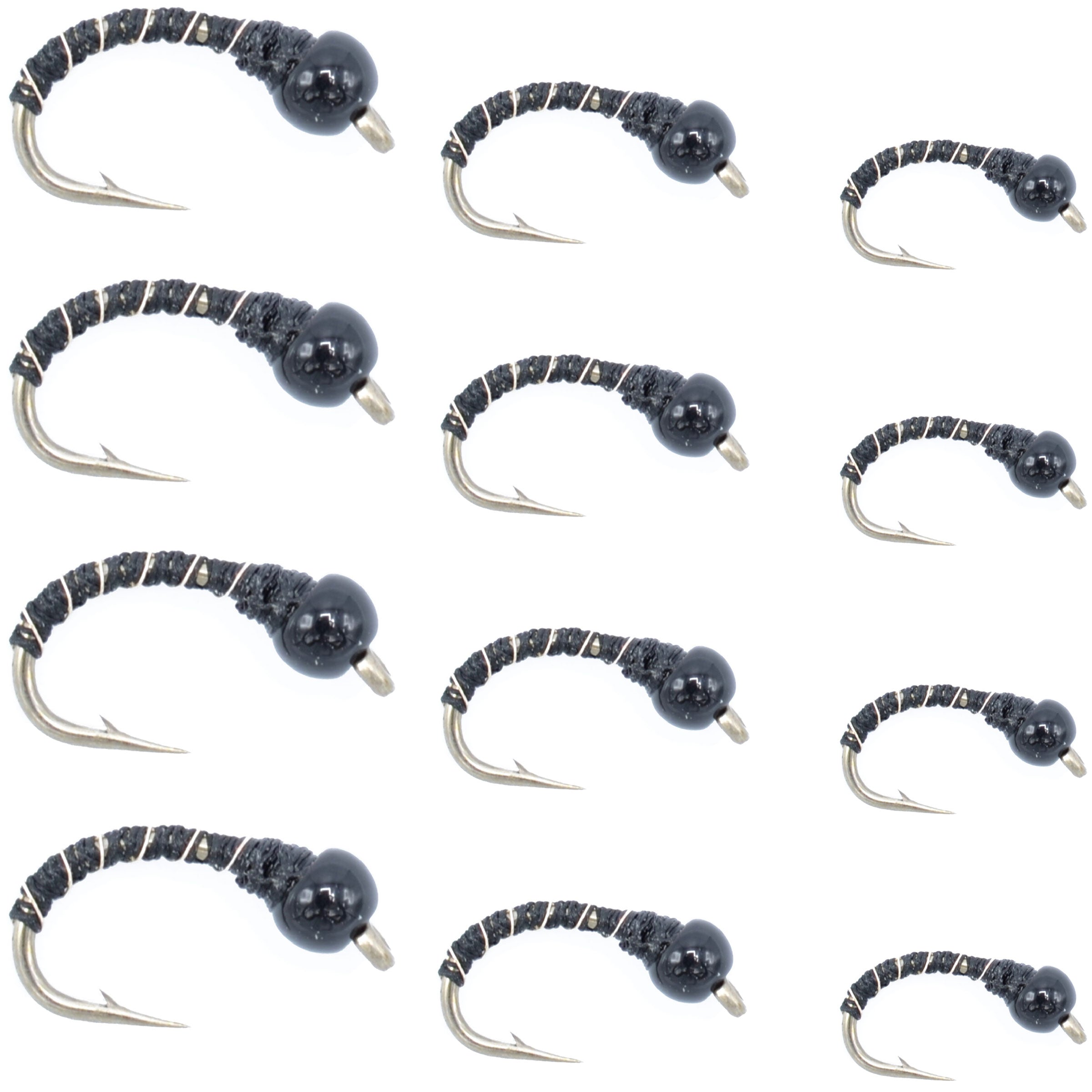Dozen black bead head Zebra Midge nymphs, a top tailwater nymph pattern for trout