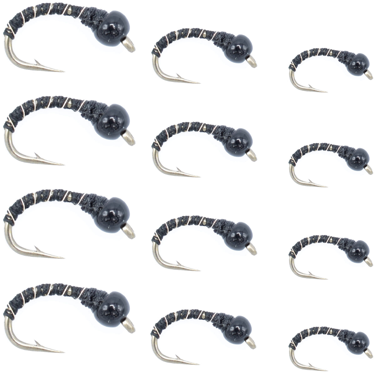 Dozen black bead head Zebra Midge nymphs, a top tailwater nymph pattern for trout