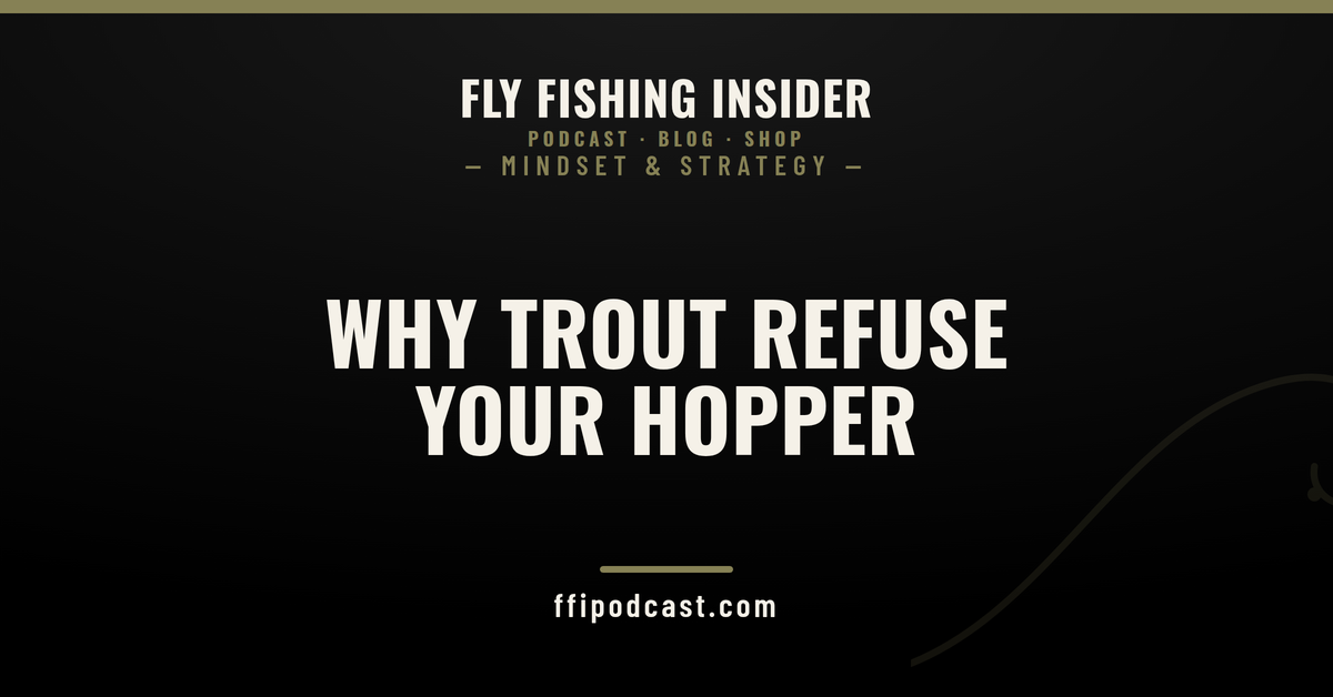 Dry fly myths vs reality: Fly Fishing Insider Podcast cover reading Why Trout Refuse Your Hopper