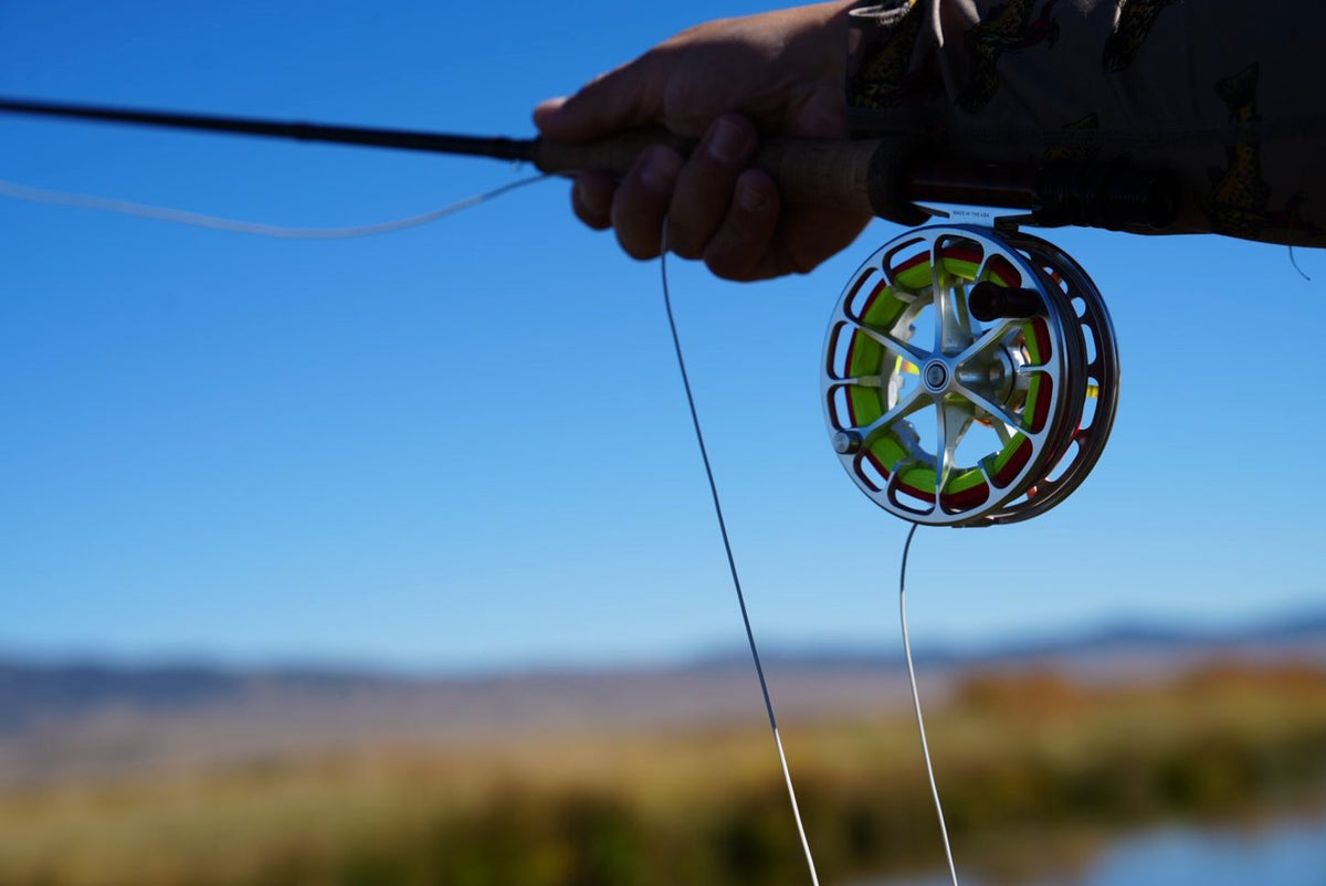 Fly reel and fly line against a blue sky
