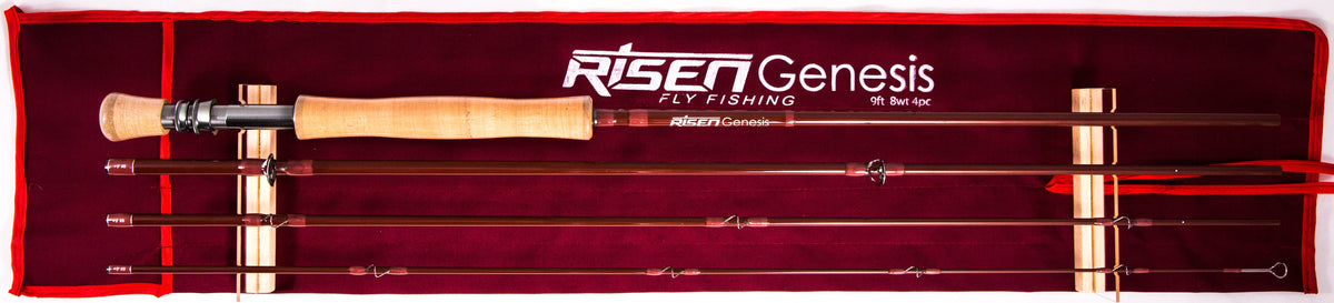 Risen Genesis four-piece fly rod laid out on its maroon rod sock