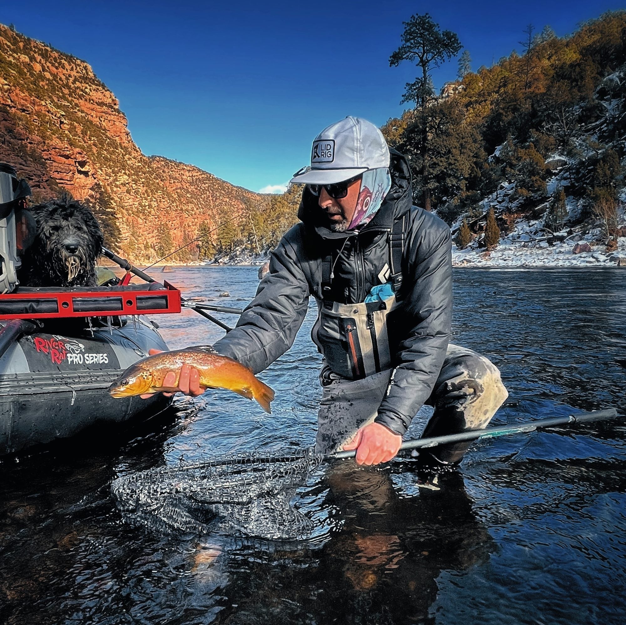 Angler holding a golden brown trout over a gray River Rat Pro Series raft with a red gear rack, and a dog aboard