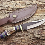 Custom Handmade 1095 Forged Steel Hunting Knife with Antler Horn & Exotic Wood Handle – 11" | KBS Knives