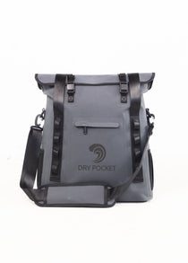 Gray waterproof tote cooler with shoulder strap and front flap pocket, DRY POCKET logo.