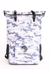 Camouflage waterproof backpack cooler with front dry pocket panel and black side carry straps