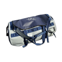 DeckBoss dry bag duffle with navy lid, gray sides, shoulder straps and front buckle straps