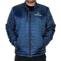 Navy full-zip puffy jacket with stand collar, quilted stitch and chest logo