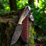 Damascus Steel Knife Hunting Raindrop Blade & Antler Handle