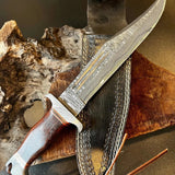 Custom Handmade Damascus Steel Bowie Knife with Blood Groove Blade and Wenge Wood Handle