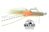 Fishing fly lure with orange head, gray body, long black-and-white striped tails and hook