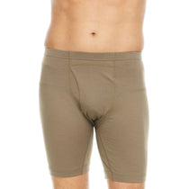 Men's boxer briefs, tan, mid-length with elastic waistband