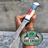 Texas Flag Handle Damascus Steel Handmade Fillet-Boning Knife with Exotic Wood-Bone and Steel Bolster Handle