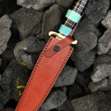 One-of-a-Kind Damascus Steel Bowie Knife - Custom Made, 15" Overall, 10" Blade, Turquoise Handle, Brass Spacers, and Guard