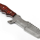 Custom Handcrafted Damascus Steel Tanto Tracker Knife - 11.5" Exotic Color Wood Handle with Horizontal Leather Sheath | Survival, Camping, Tactical | KBS Knives