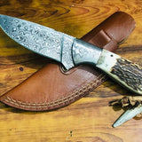 Deer Skinning Knife Custom Handmade Raindrops Damascus Steel with Antler Horn Handle, 8.5-inch - The Wildcrest