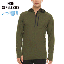Men's 1/4 zip merino sun hoodie, olive drab green with hood and chest pocket