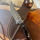 Custom Handmade Damascus Hunting Skinning Knife with Sheep Horn Handle and Engraved Steel Guard
