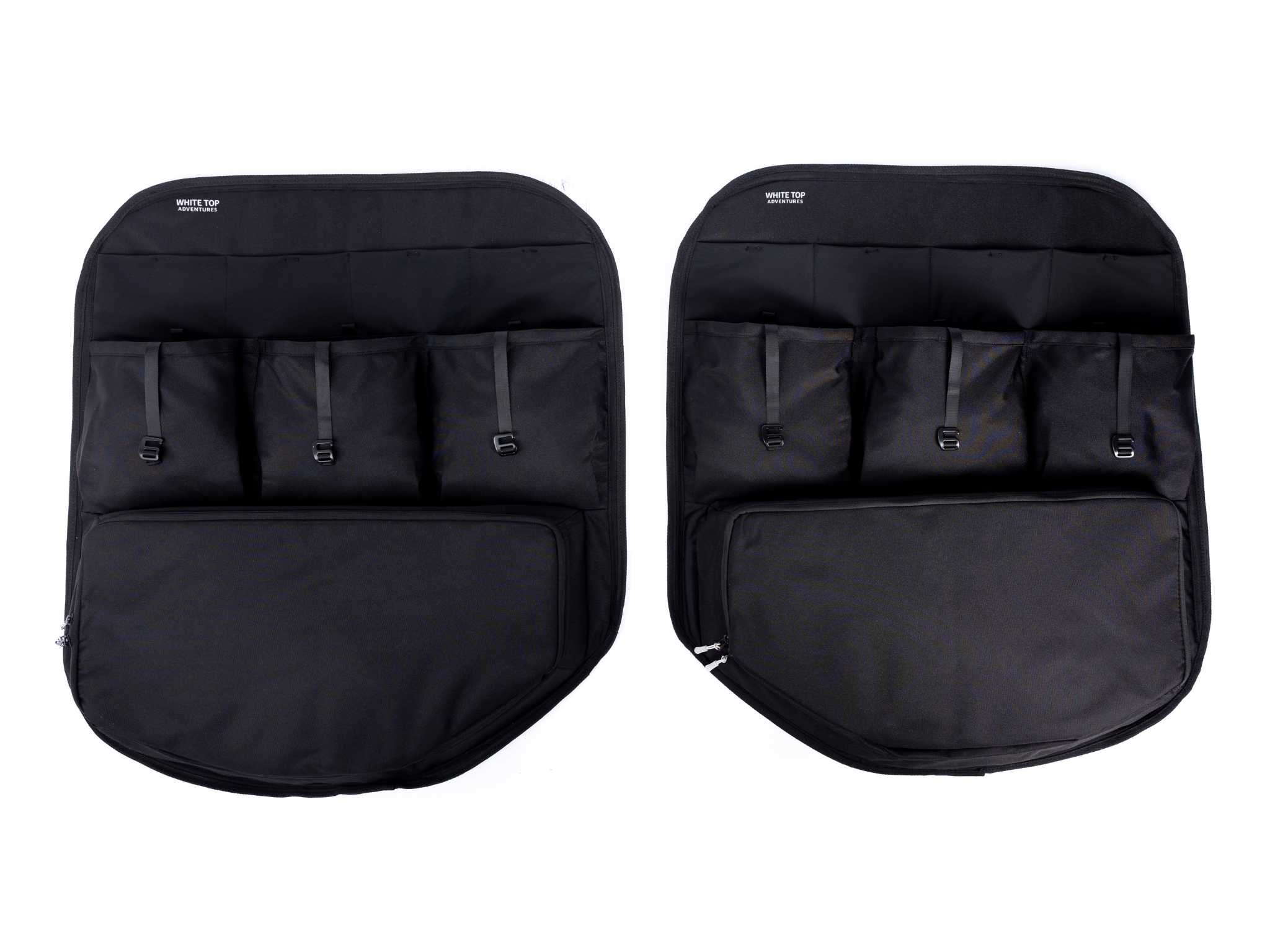 Black rear door storage panels with multiple pockets and organizer straps, pair