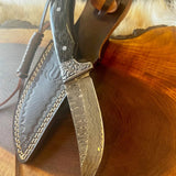 Custom Handmade Damascus Hunting Skinning Knife with Sheep Horn Handle and Engraved Steel Guard
