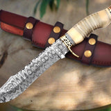 Premium Modern Bowie Knife - Damascus Steel Blade with Handmade Bone Handle and Brass Guard