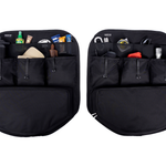 Pair of black rear door storage panels with mesh pockets and straps for organizing