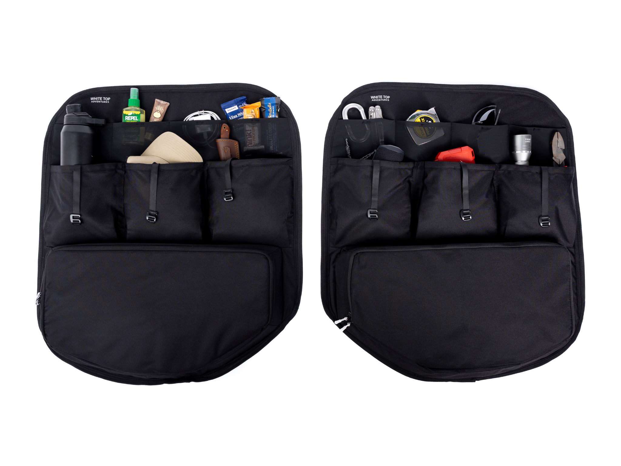Pair of black rear door storage panels with mesh pockets and straps for organizing