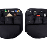 Pair of black rear door storage panels with mesh pockets and straps for organizing