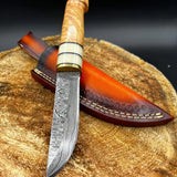 Custom Handmade Damascus Hunting Camping Knife with Bone, Olive Wood, and Brass Bolster Handle