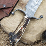 Custom Handmade Bowie Knife with Twisted Damascus Steel Blade and Antler Horn Handle - 15 Inches