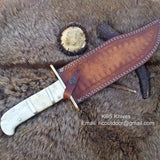 Vintage Western USA W49 Bowie Knife - Custom Handcrafted Full Tang Damascus Steel Blade, Bone Handle with Brass Spacers, 15" Overall Length - Leather Sheath | KBS Knives