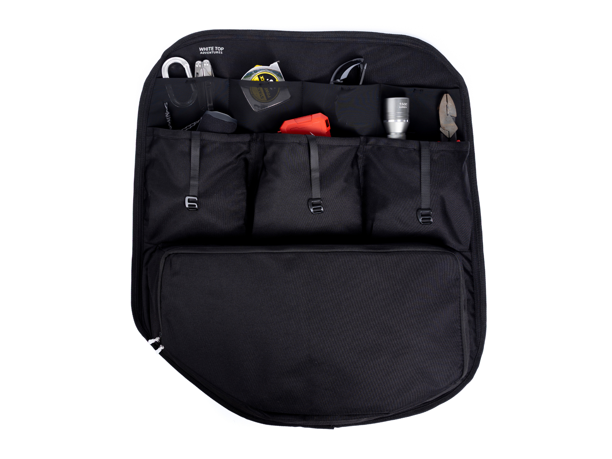 Black rear door storage organizer panel with multiple pockets and top storage
