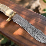 Premium Modern Bowie Knife - Damascus Steel Blade with Handmade Bone Handle and Brass Guard