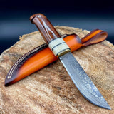 Custom Handmade Damascus Hunting Camping Knife with Bone, Rosewood, and Brass Bolster Handle