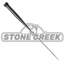 Metal bodkin needle with pointed tip and rainbow stripe handle