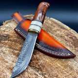 Custom Handmade Damascus Hunting Camping Knife with Bone, Rosewood, and Brass Bolster Handle