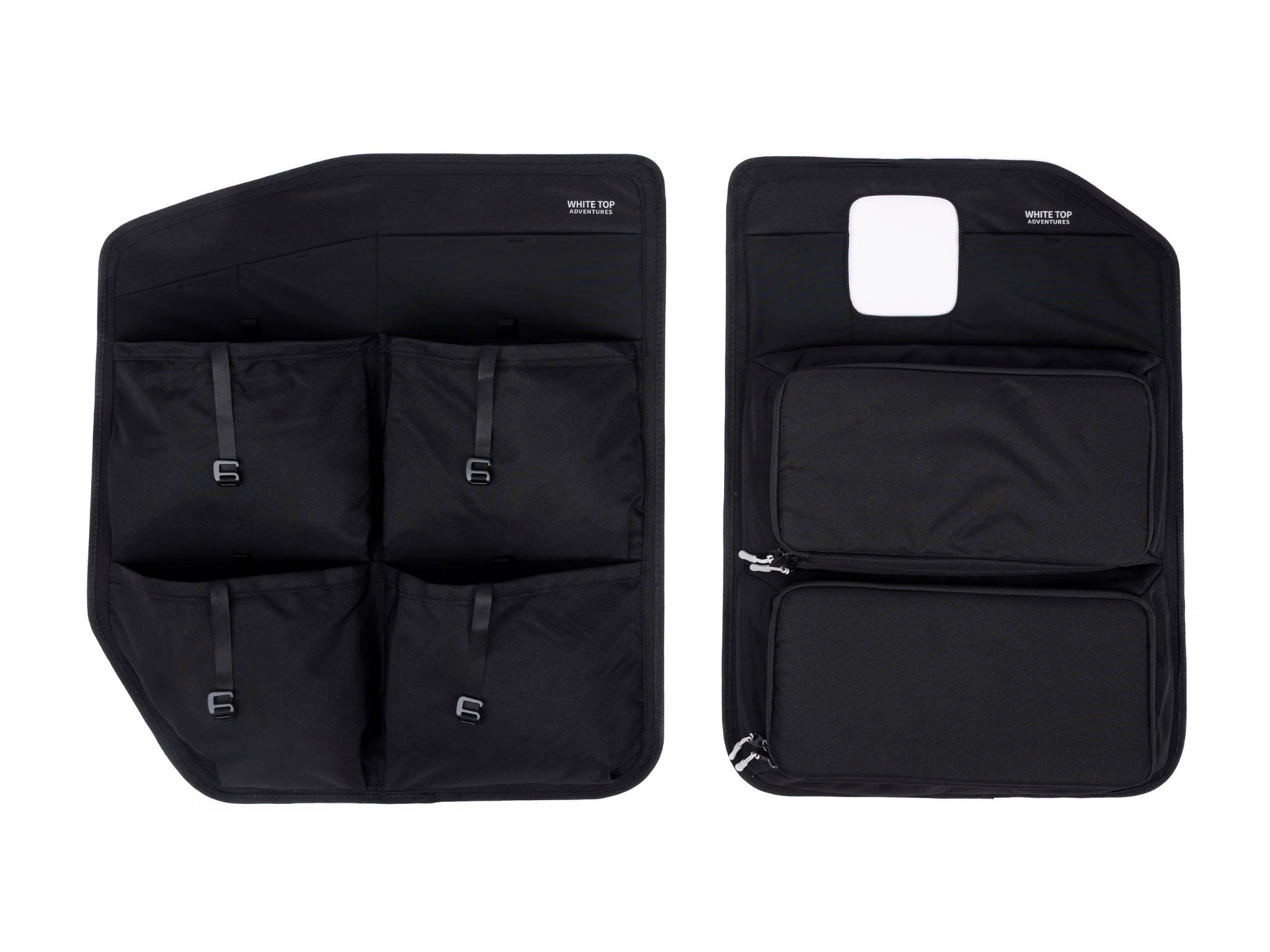 Pair of black rear door storage panels with multiple pockets for van doors
