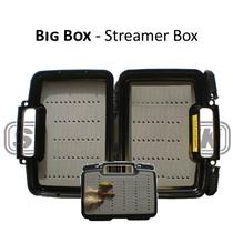 Black fly box with open hinged lid and internal compartments, plus a small insert