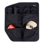 Black rear door storage panel with two interior compartments and mesh divider
