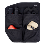 Black rear door storage panel with two interior compartments and mesh divider