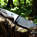 Custom Damascus Steel Field Dressing Knife with Antler Horn Handle