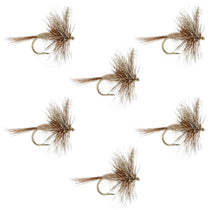 Set of dry fly fishing lures with brown and tan fuzzy wings and curved metal hooks