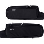 Pair of black fabric upper rear door storage panels with zippered pockets