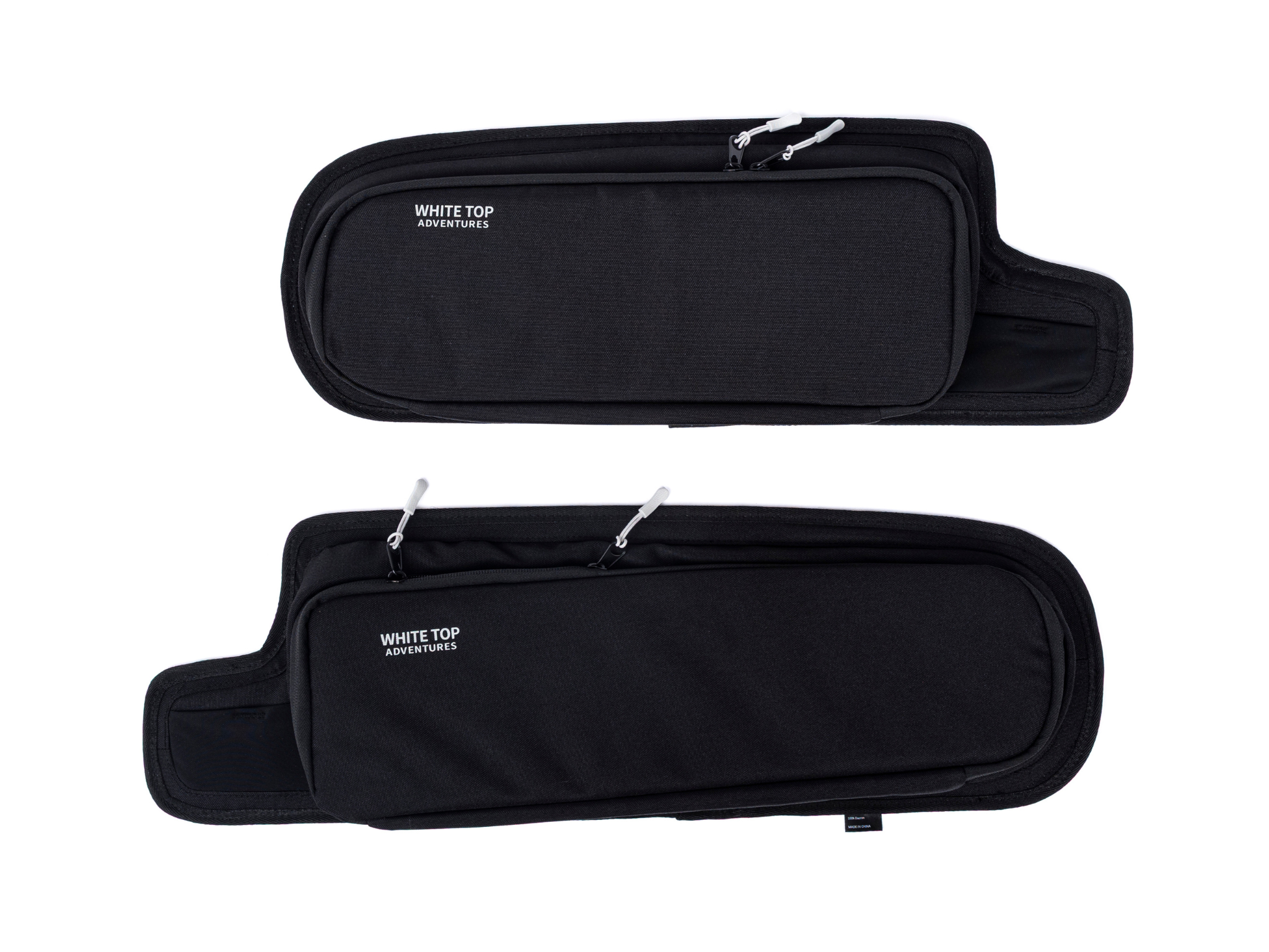 Two black zippered storage pouches with top hooks for Ford Transit rear door